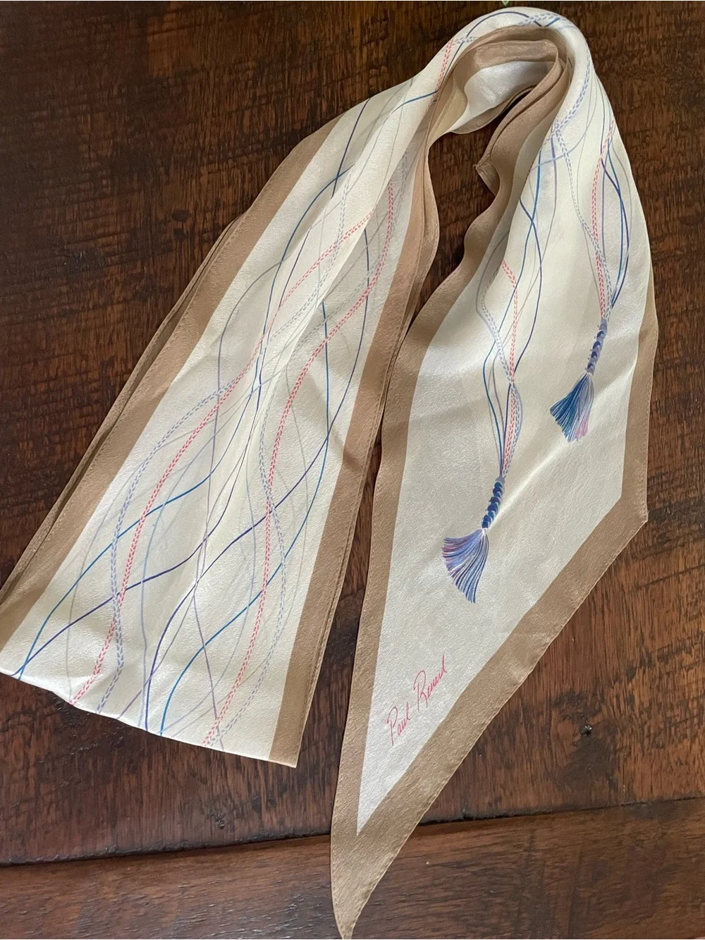 Paul Renard Vintage Silk Scarf Cream Beige Blue Tassel Print Pointed Edge